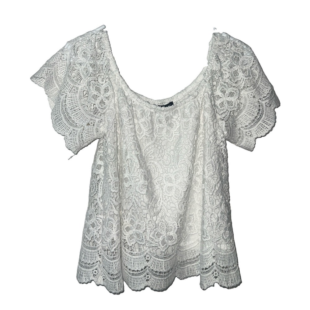 Haute‎ Monde Women's White Short Sleeve Top Lace Floral Grannycore Size Medium